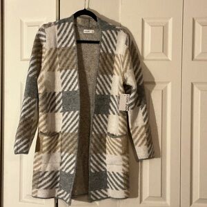 Nine West Plaid Cardigan in Gray, Cream, and Tan